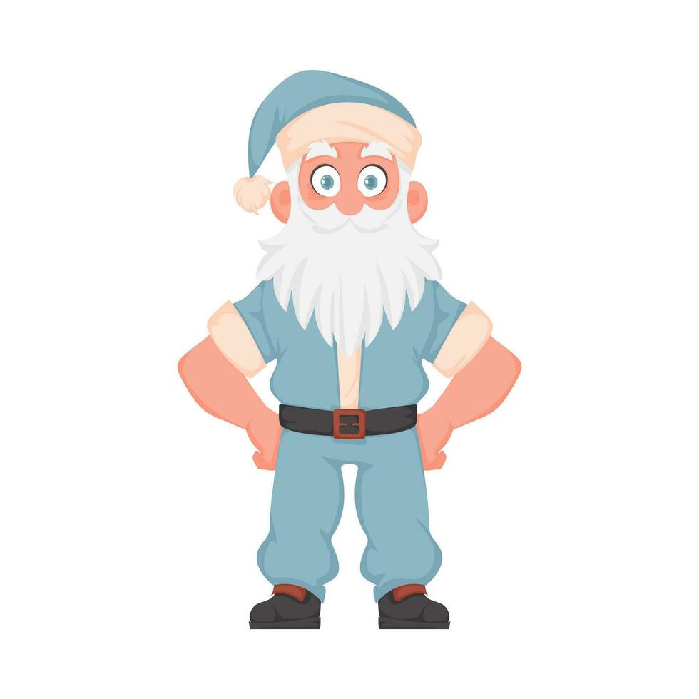 Papa Noel claus con un grande blanco barba en un azul nuevo años traje. dibujos animados estilo vector