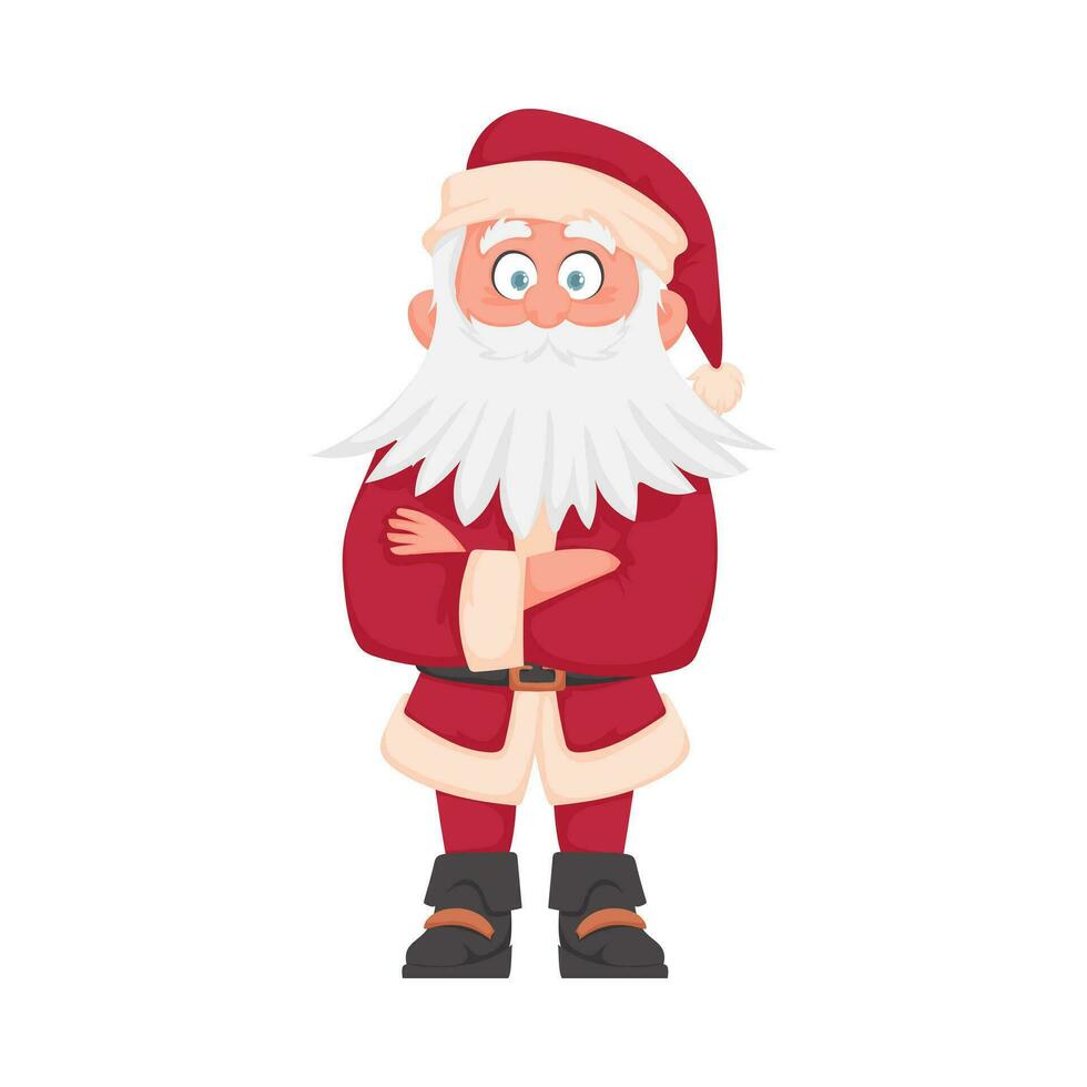 Santa Claus with a big white beard in a red New Year's suit. Cartoon style vector