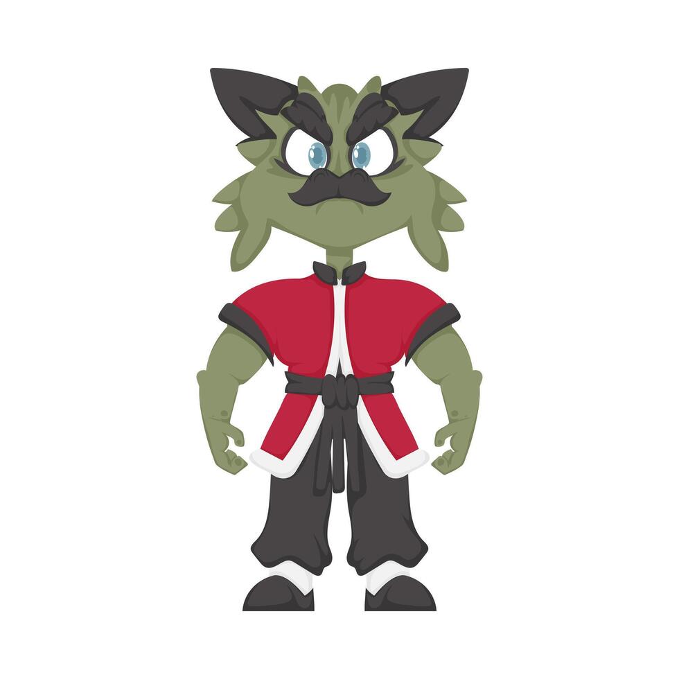 A cartoon character of a green cat in a red and black outfit vector