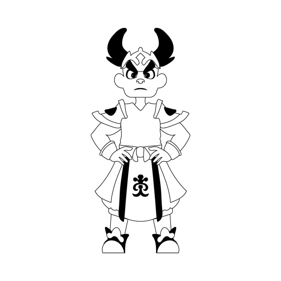 Cartoon funny and fabulous Viking or Chinese warrior. Coloring style vector