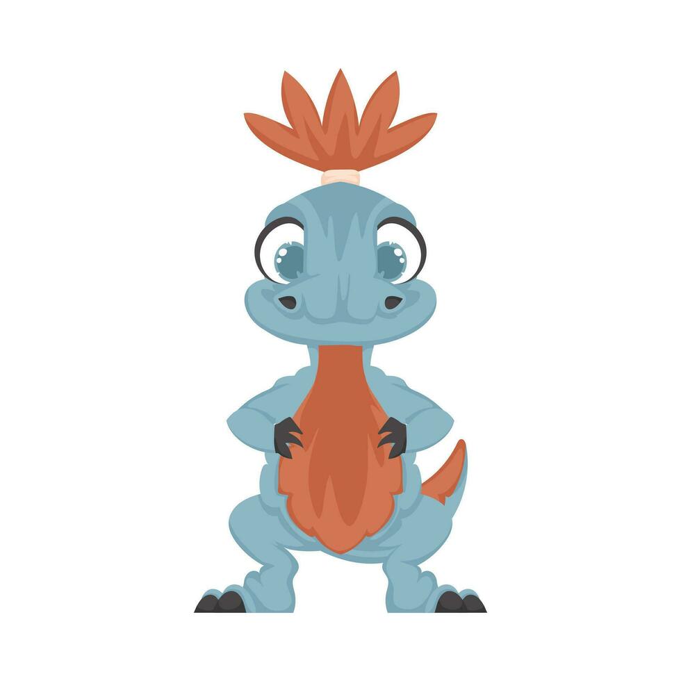 Mystical, fabulous funny blue dinosaur. Cartoon style vector