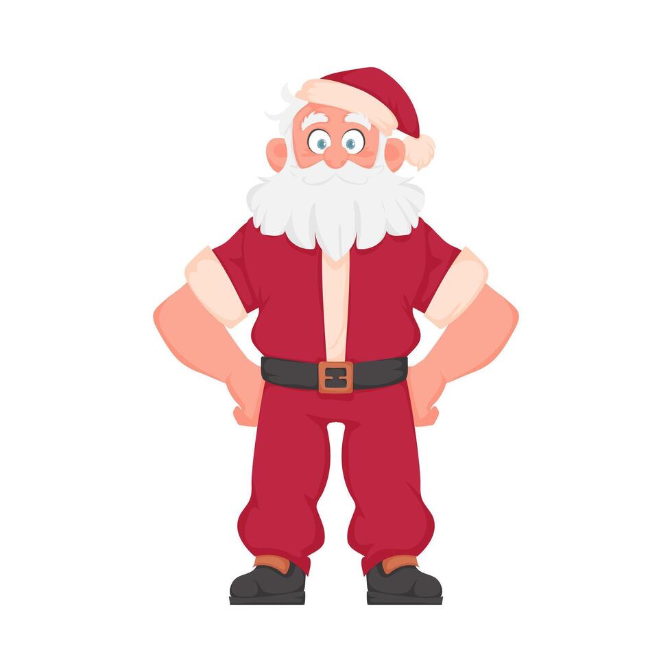 Santa Claus with a big white beard in a red New Year's suit. Cartoon style vector