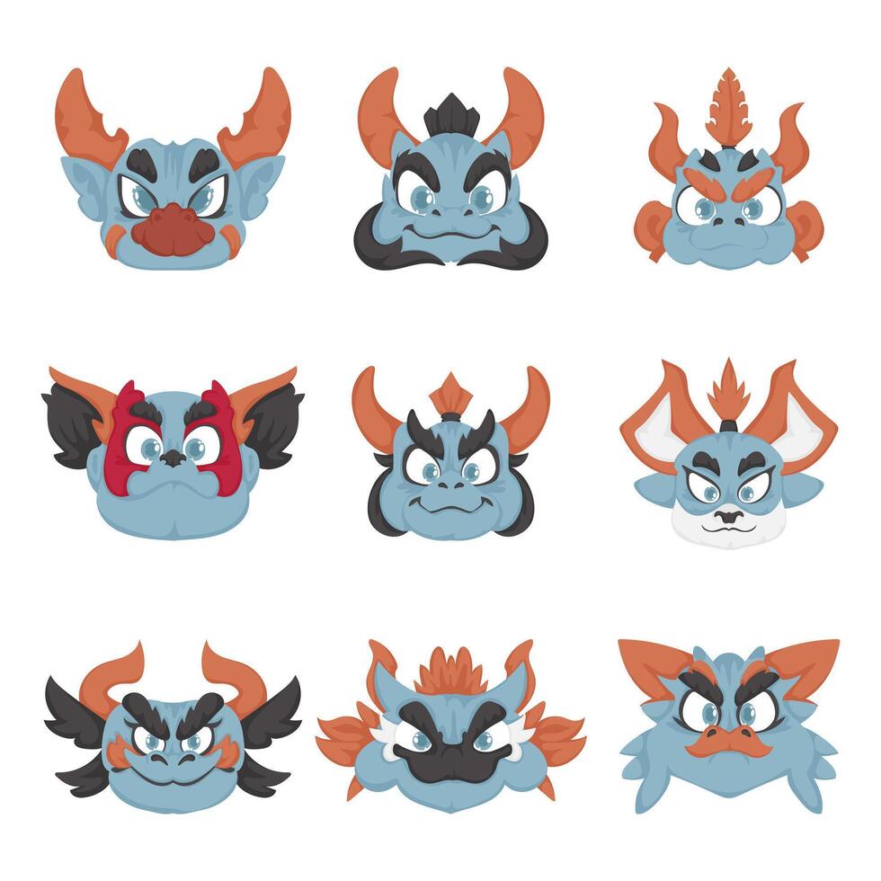 A set of cartoon monsters with horns and horns vector