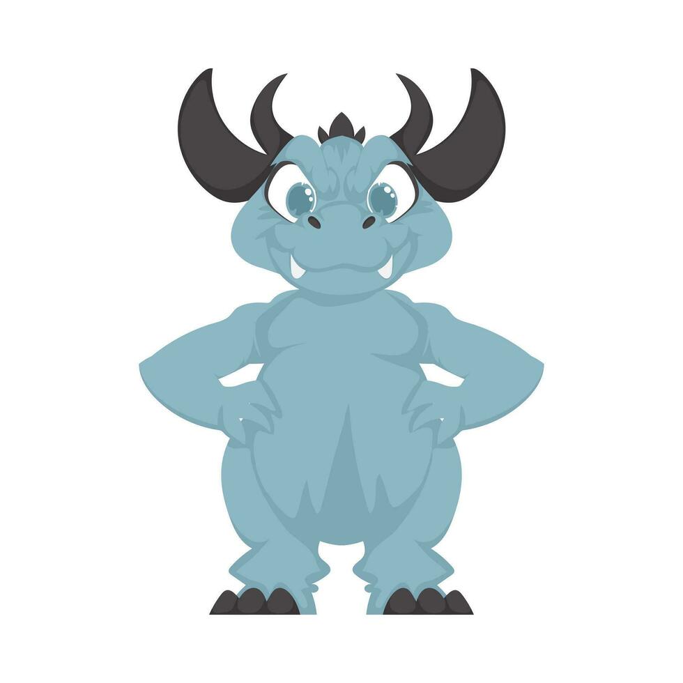 Mystical, fabulous funny blue dinosaur. Cartoon style vector