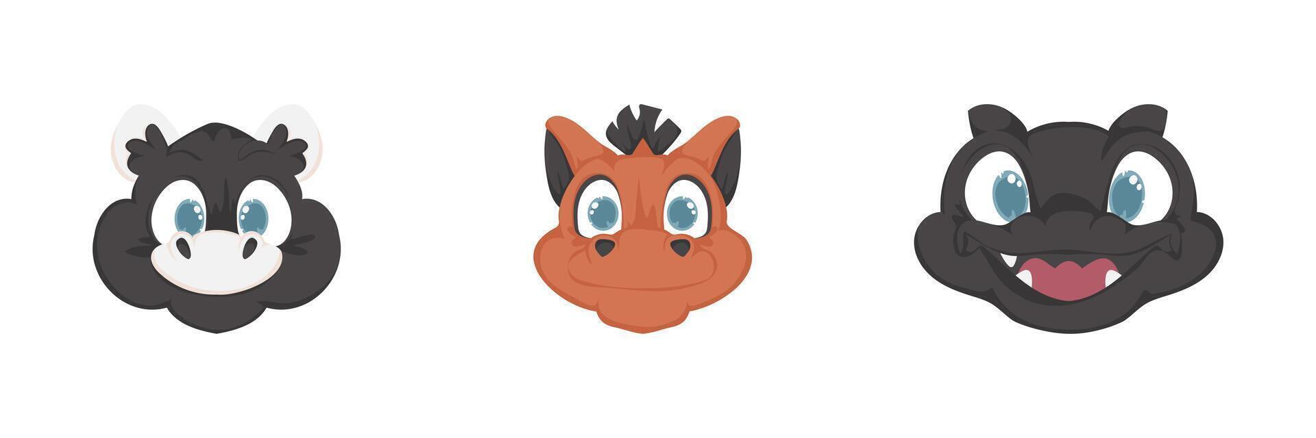 Set of faces Mystical, fabulous funny dinosaur. Cartoon style vector