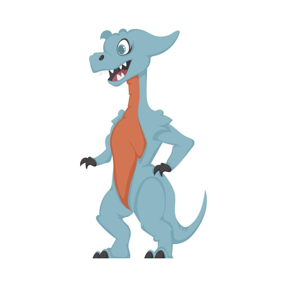 Mystical, fabulous funny blue dinosaur. Cartoon style vector