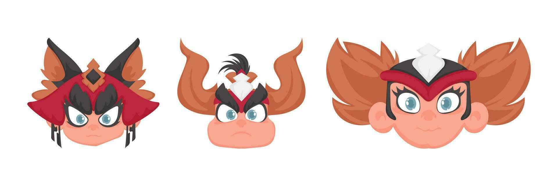 Set of funny and interesting faces of warrior girls. Cartoon style vector