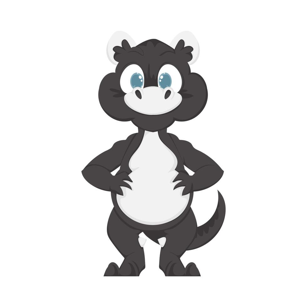 Mystical, fabulous funny black dinosaur. Cartoon style vector