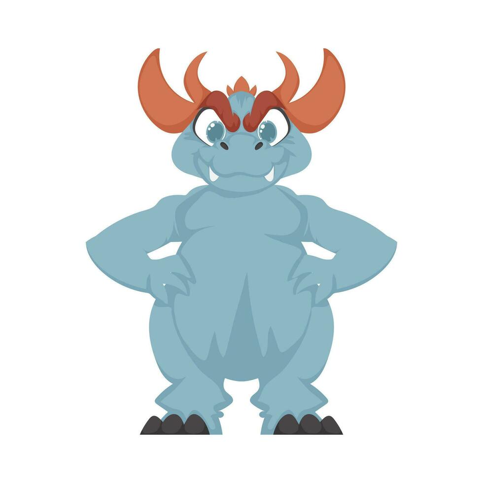 Mystical, fabulous funny blue dinosaur. Cartoon style vector