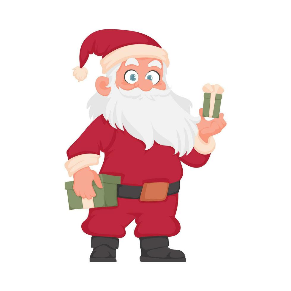 Papa Noel claus con un grande blanco barba en un rojo nuevo años traje. dibujos animados estilo vector