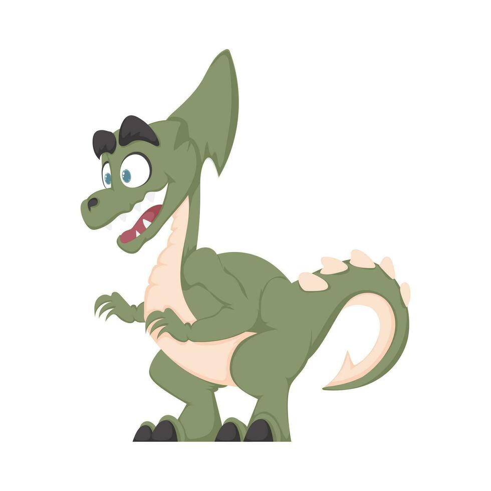Mystical, fabulous funny green dinosaur. Cartoon style vector