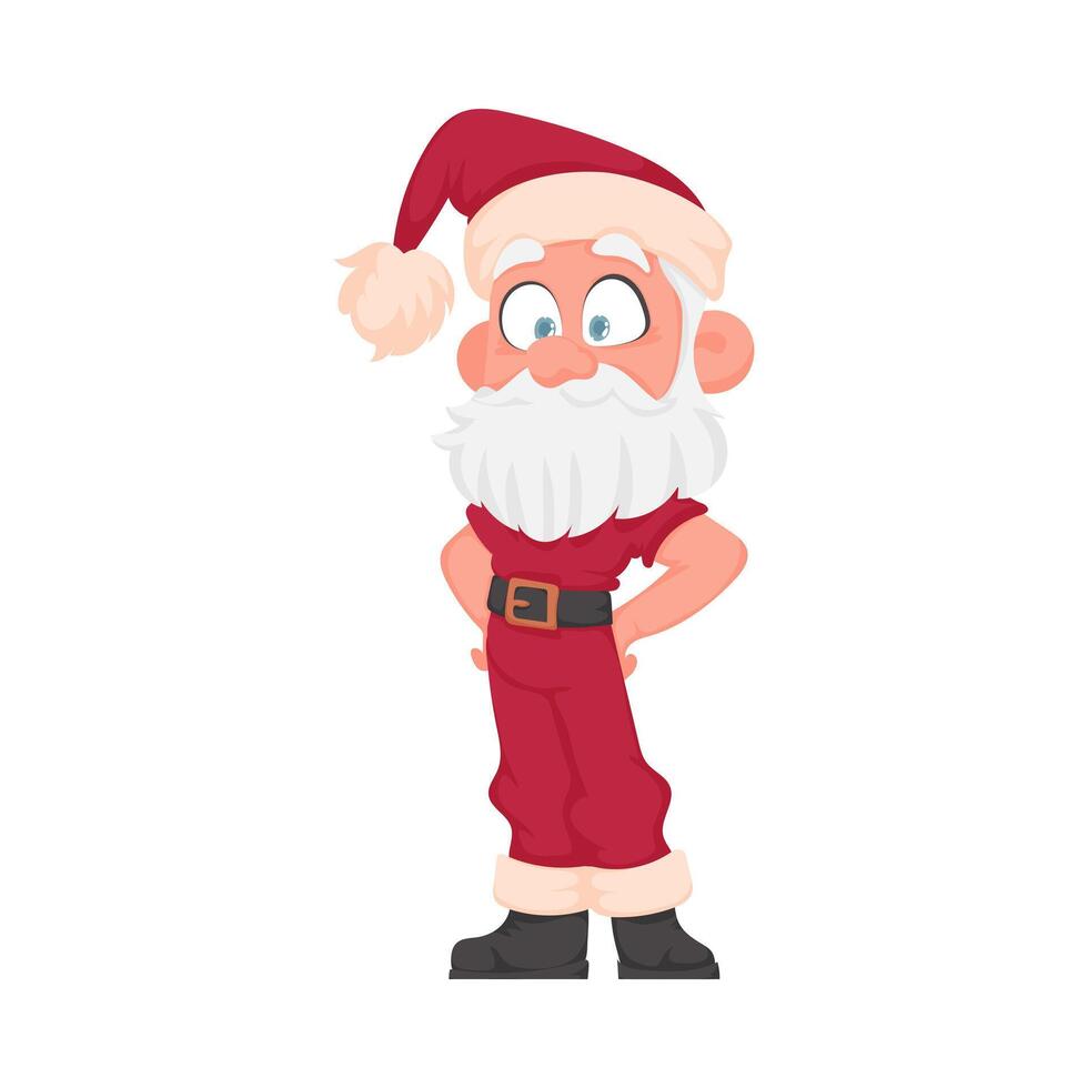 Papa Noel claus con un grande blanco barba en un rojo nuevo años traje. dibujos animados estilo vector