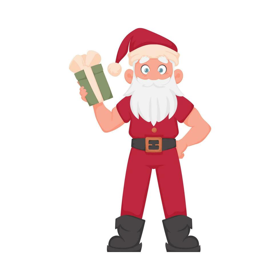 Santa Claus with a big white beard in a red New Year's suit. Cartoon style vector