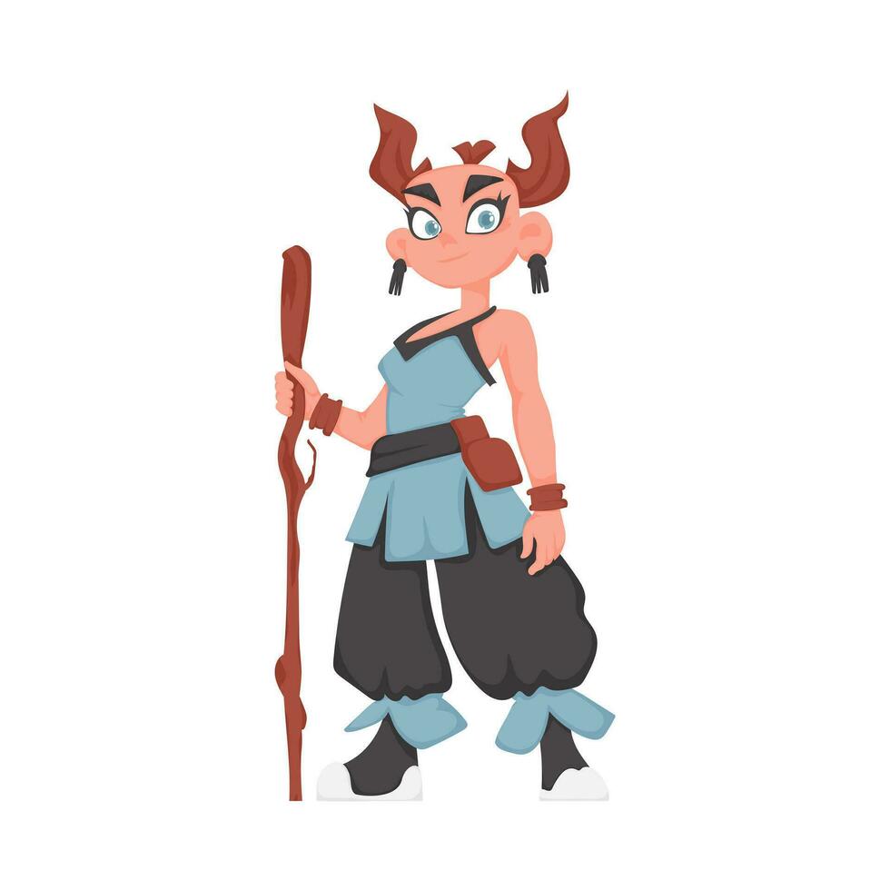 Cartoon funny and fabulous Viking warrior girl. Cartoon style vector