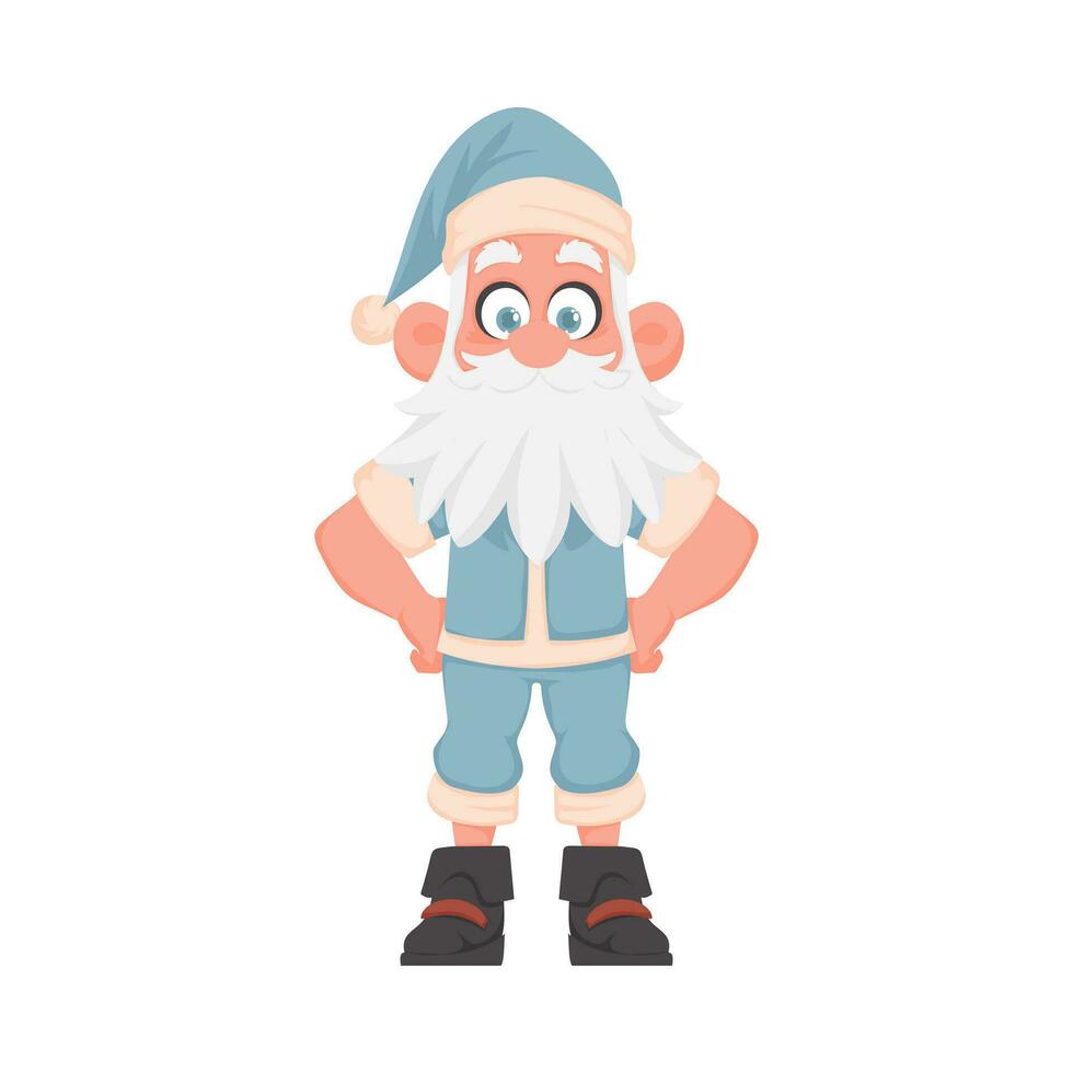 Santa Claus with a big white beard in a blue New Year's suit. Cartoon style vector