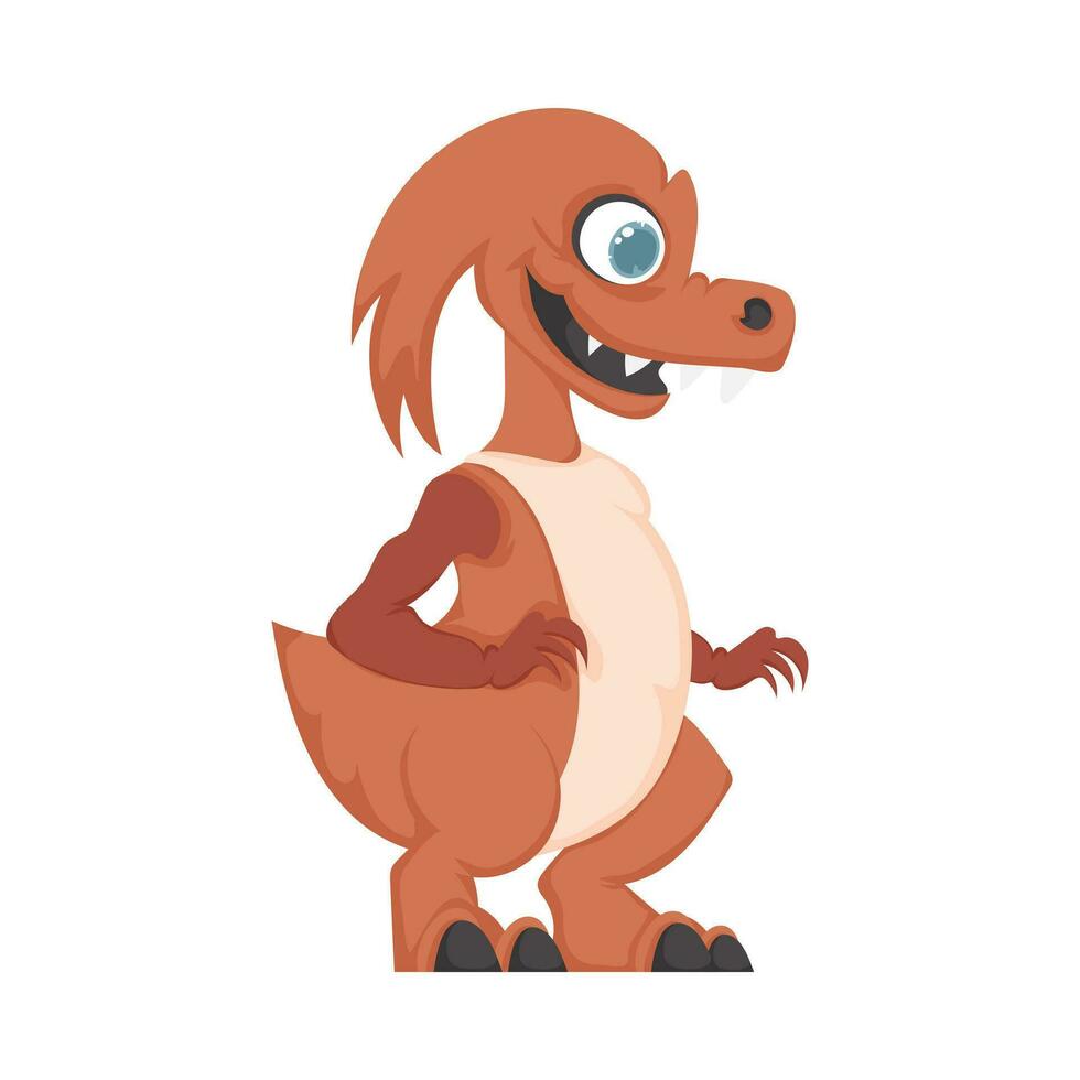 Mystical, fabulous funny orange dinosaur. Cartoon style vector