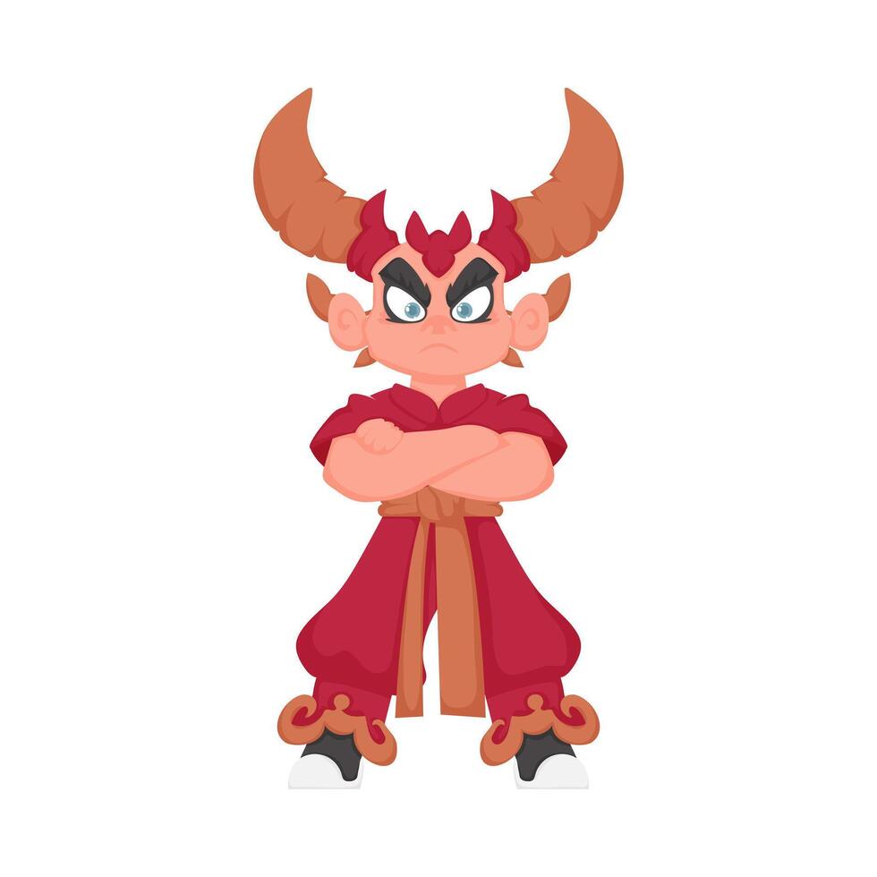 A cartoon devil in red outfit with horns vector
