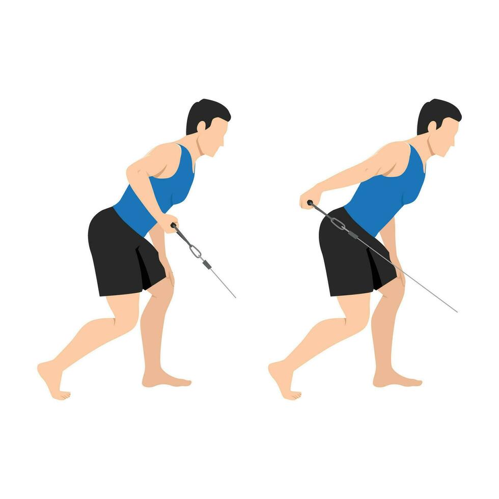 hombre haciendo bajo polea tricep extensiones cable tricep contragolpe ejercicio. vector