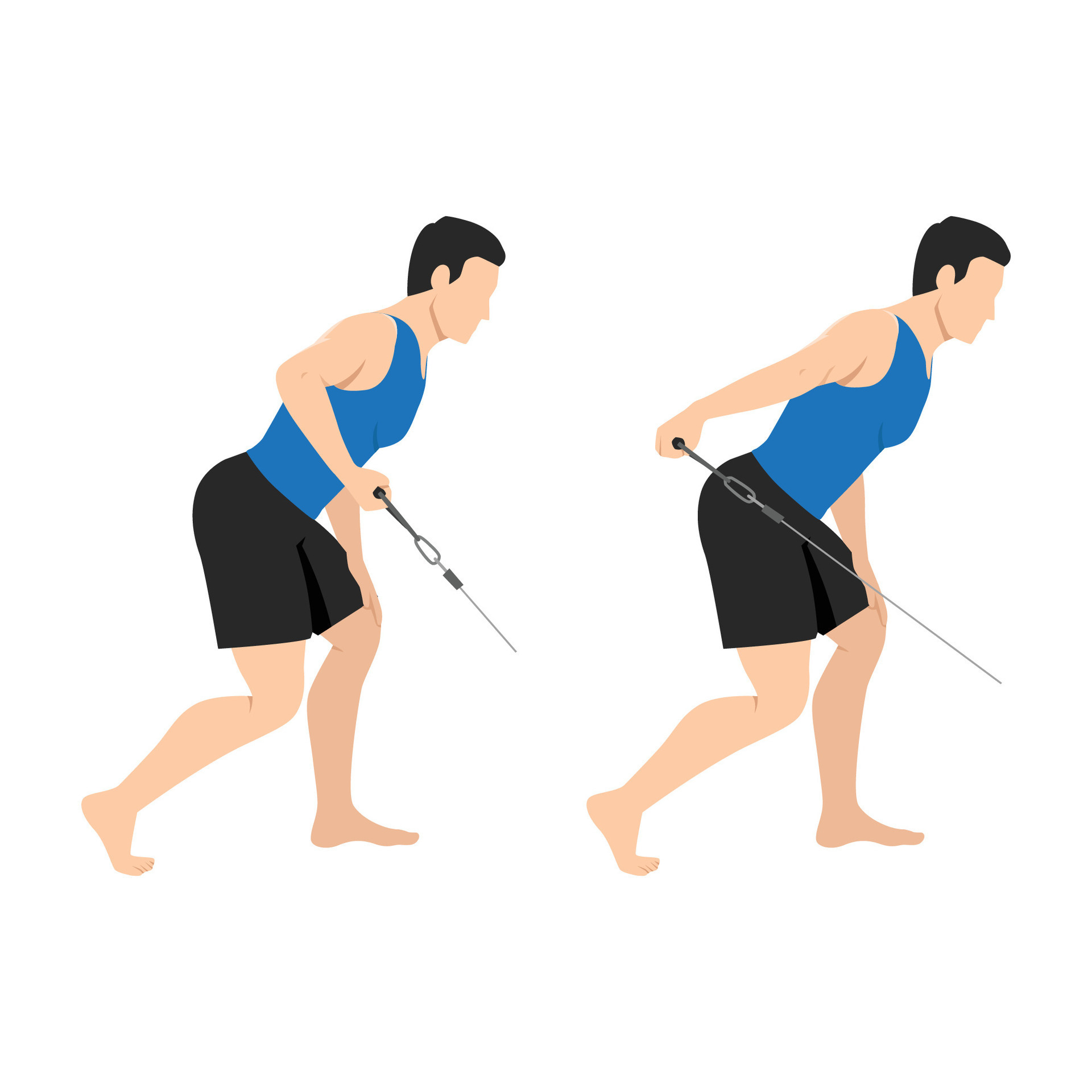 Man doing low pulley tricep extensions. Cable tricep kickback exercise. 33216823 Vector Art at