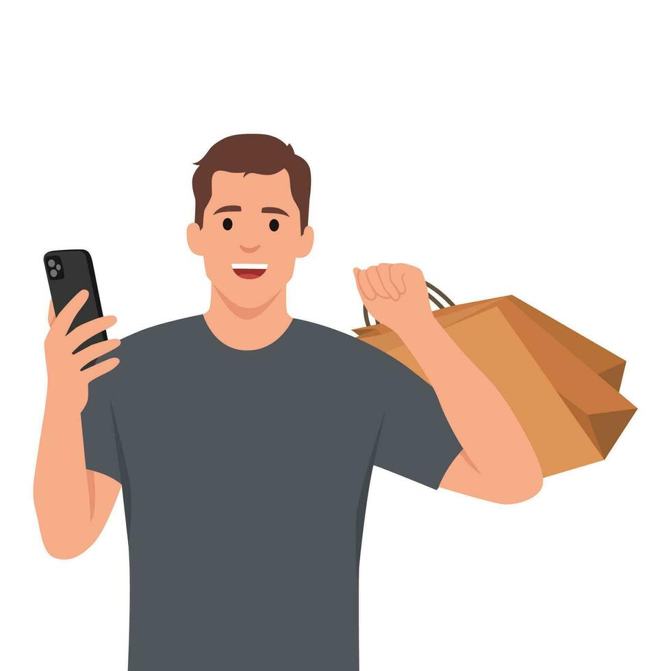 Young man holding smartphone and shopping bag. vector