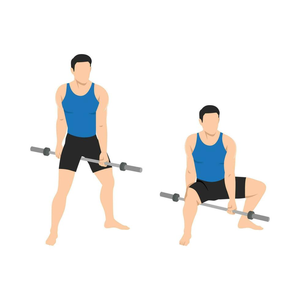 Man doing jefferson squat exercise with bar. vector