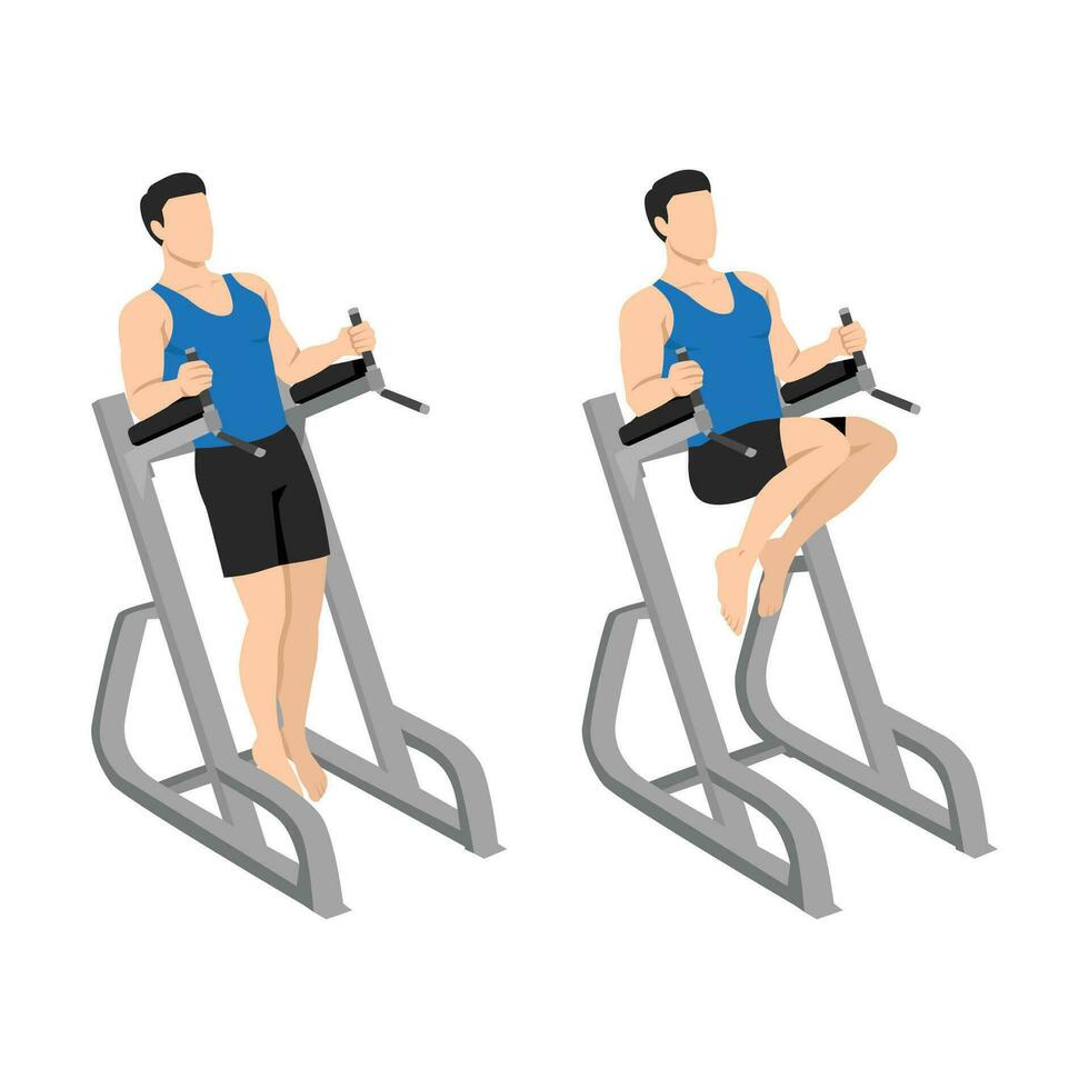 Man doing hanging side leg raise exercise. vector