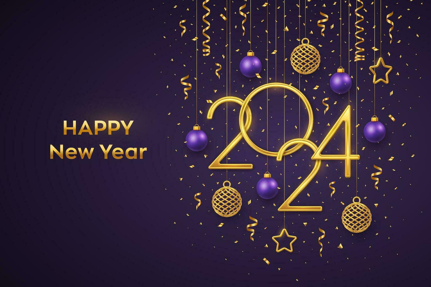 Happy New 2024 Year. Hanging Golden metallic numbers 2024 with shining 3D metallic stars, balls, confetti on purple background. New Year greeting card, banner template. Realistic Vector illustration.