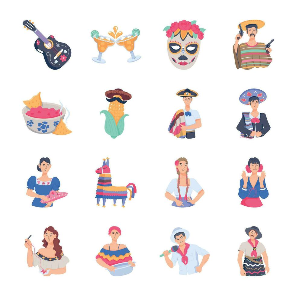 Trendy Bundle of Mexican Heritage Flat Icons vector