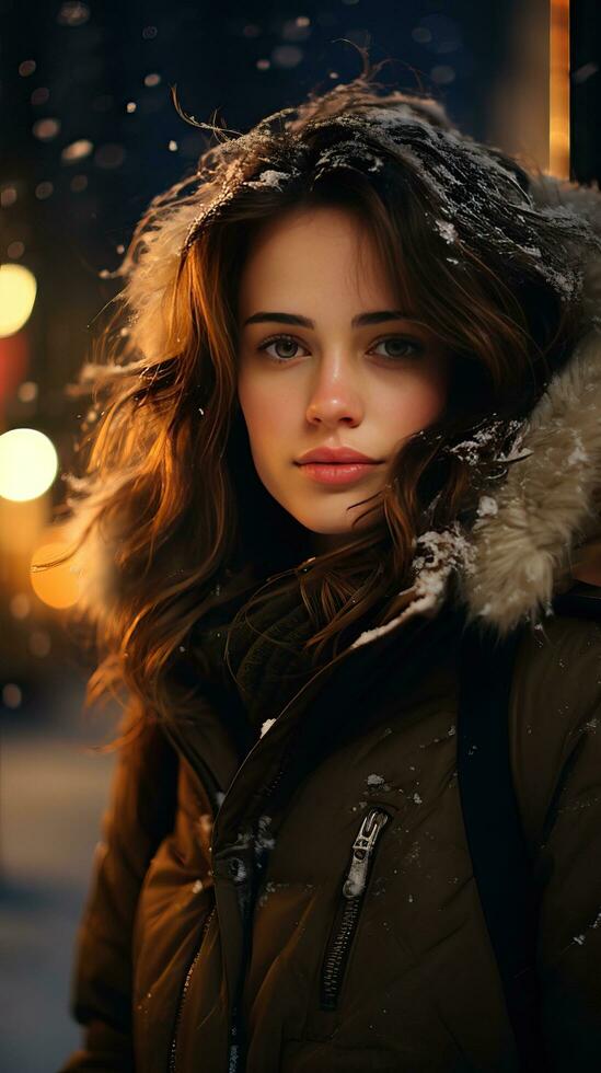 hermosa mujer en el invierno noche. generativo ai foto