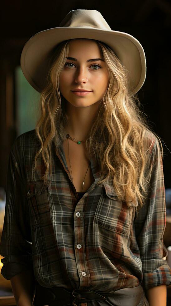 Beautiful young girl farmer with hat. Generative AI photo