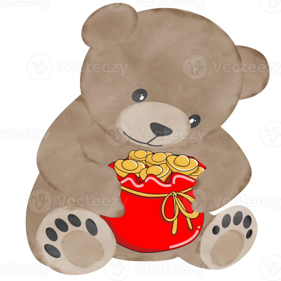 Brown bear holding red bucket has many gold nugget,creative with illustration in flat design. png