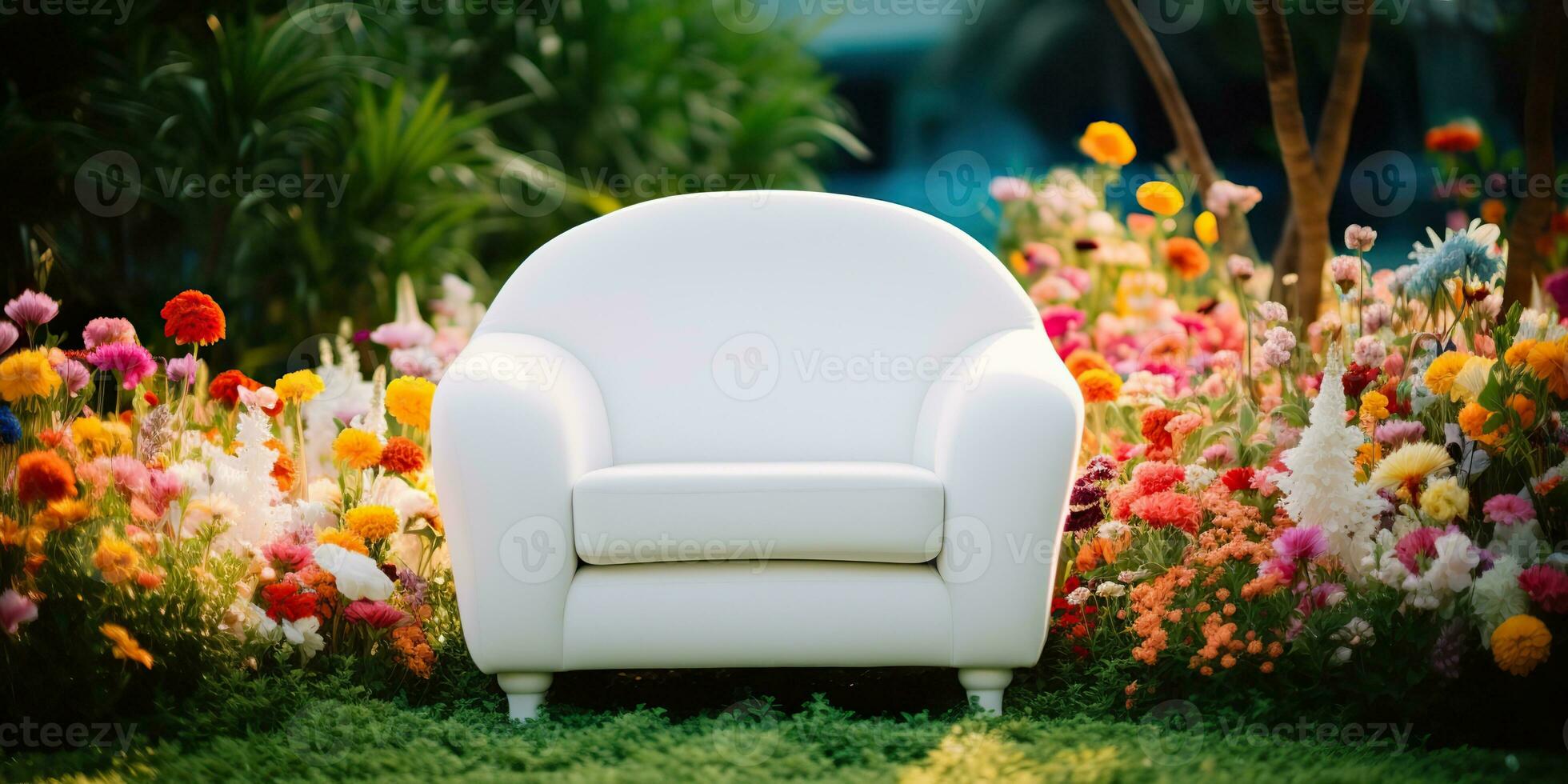 ai generado. ai generativo. moderno mínimo sillón en blanco color en pie fuera de en naturaleza con muchos plantas flores decoración antecedentes. gráfico Arte foto