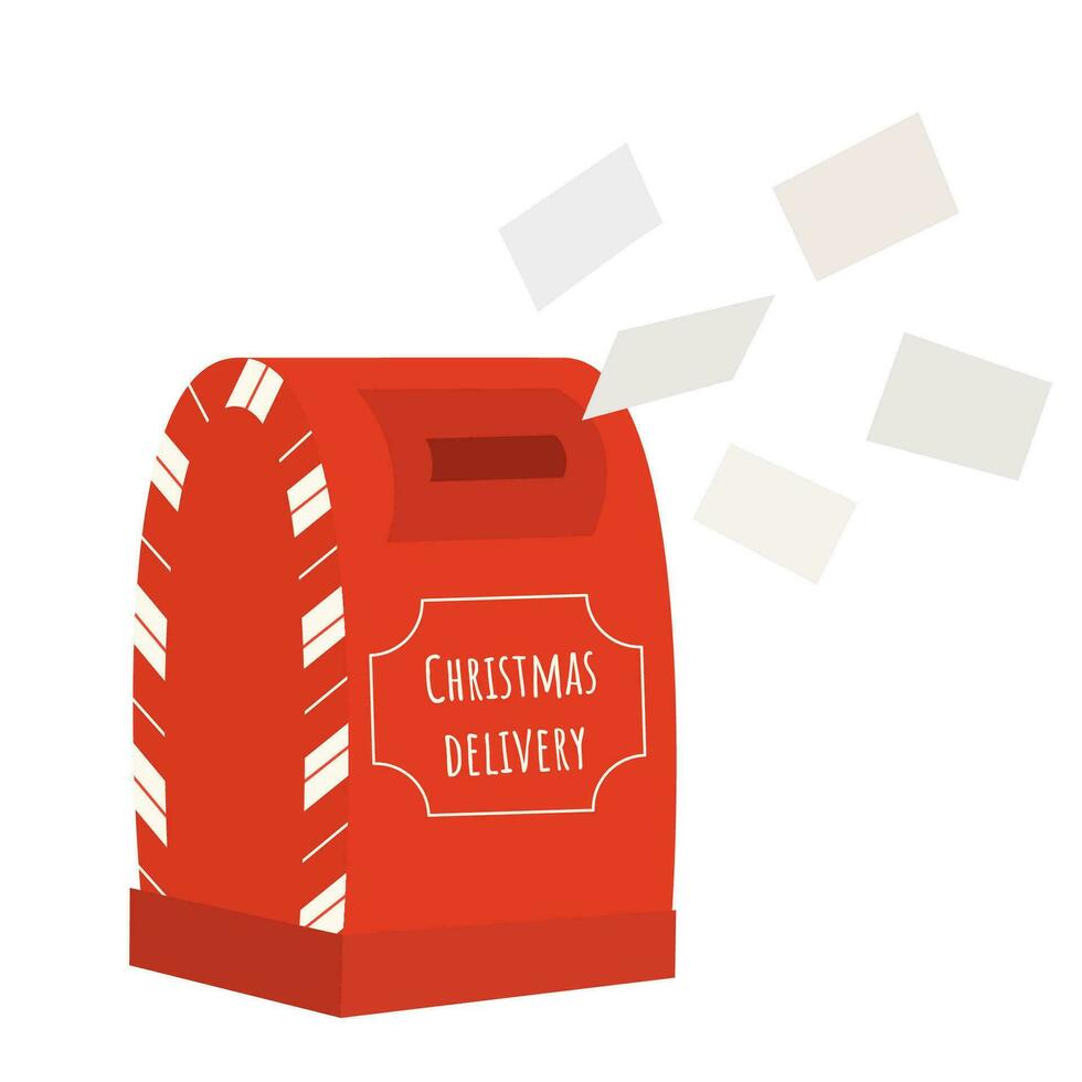 Mailbox with a lot of letters from children for Santa Claus. Classic decorative red Christmas post box with envelopes and candy cane.Christmas delivery vector