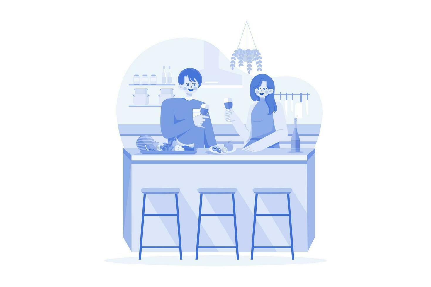 pareja sosteniendo copas de vino en las manos parada en el escritorio de la cocina con frutas vector