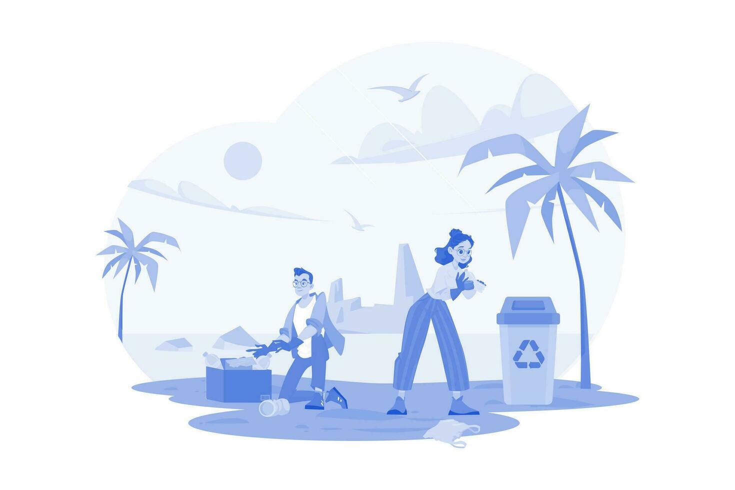 People Are Cleaning Up Trash On The Beach vector