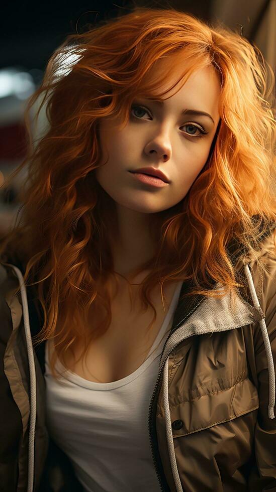 Beautiful red head woman wearing jacket. Generative AI photo