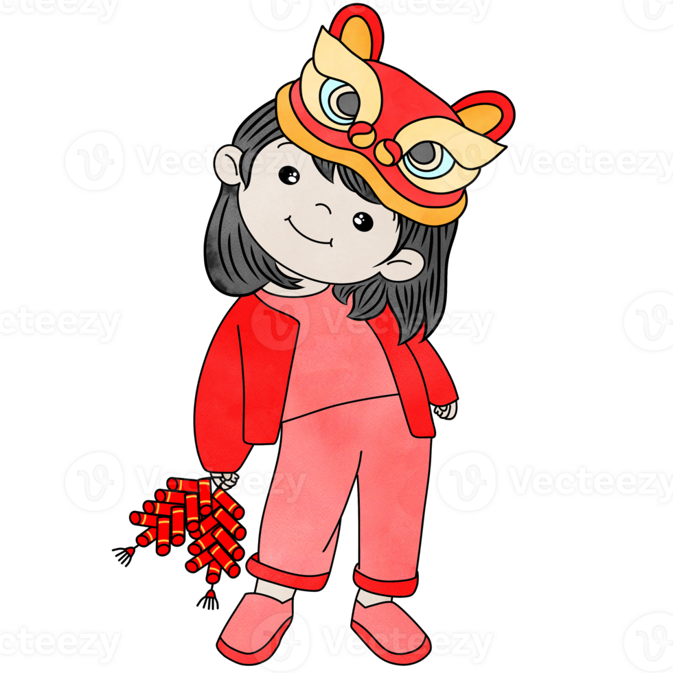 Cute girl wearing Lion dance hat,decorative for Chinese new year festival.Creative with illustration in flat design. png