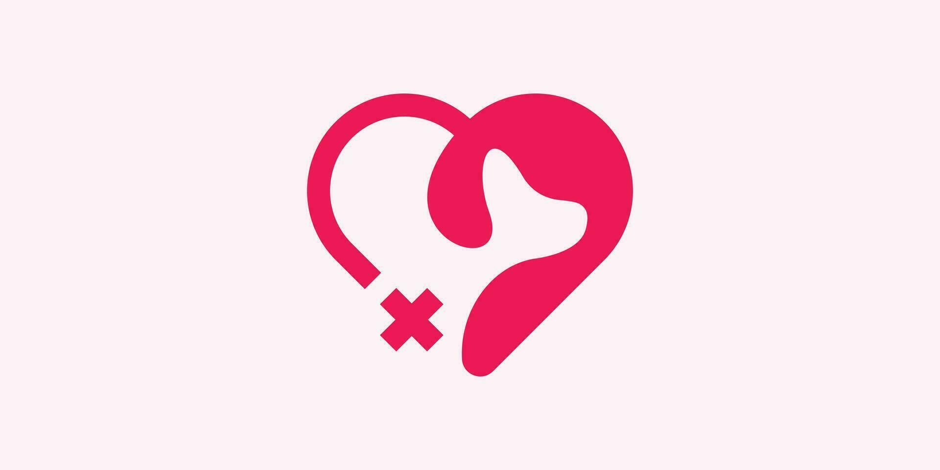 pet health logo design with a combination of a heart with a dog made in negative space style. vector