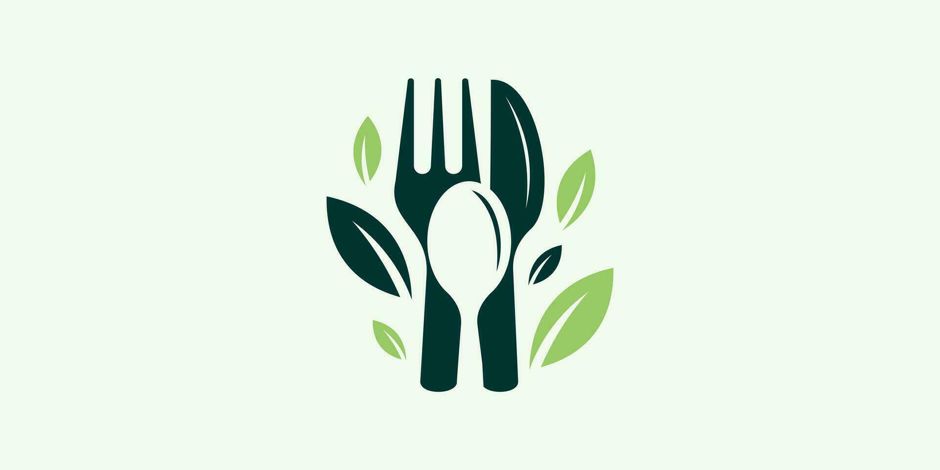 Healthy food logo design with a combination of cutlery and herbal leaves. vector