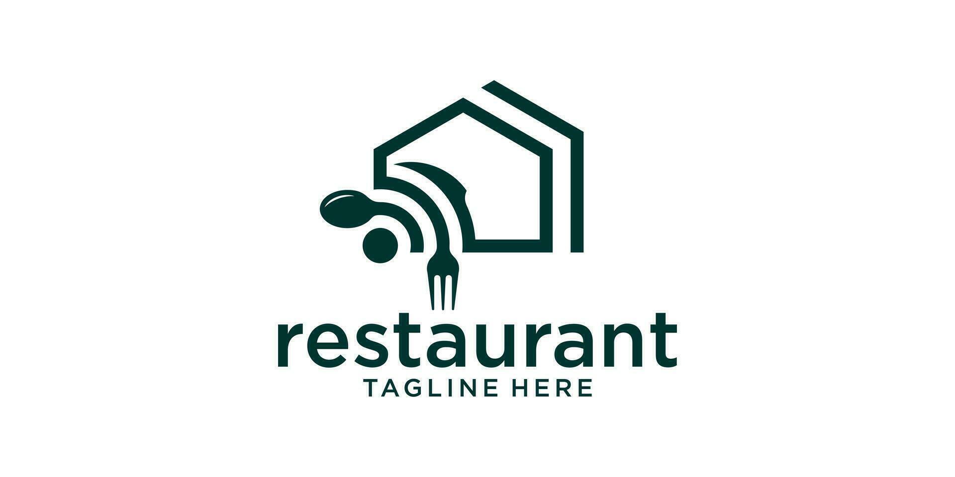 restaurant logo design with elements combining the shape of a house, internet signal and cutlery. vector