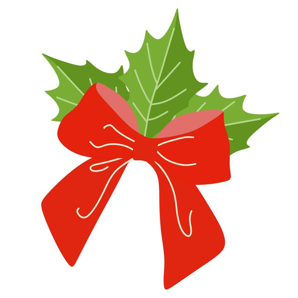 Navidad acebo hojas con rojo arco, invierno decoración en dibujos animados estilo aislado en blanco antecedentes. plano vector ilustración para tarjeta postal diseño, vistoso plantilla, fiesta temporada elemento.