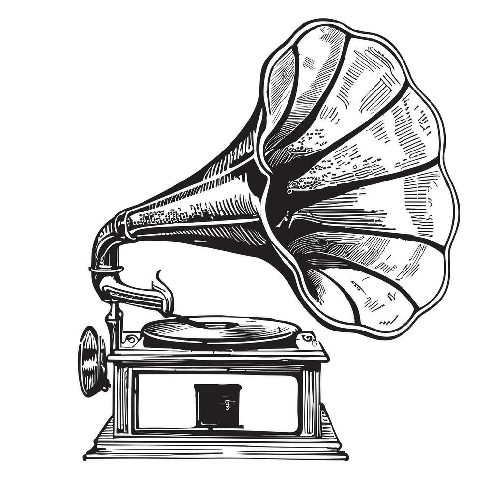 Retro musical gramophone sketch hand drawn in doodle style Vector illustration