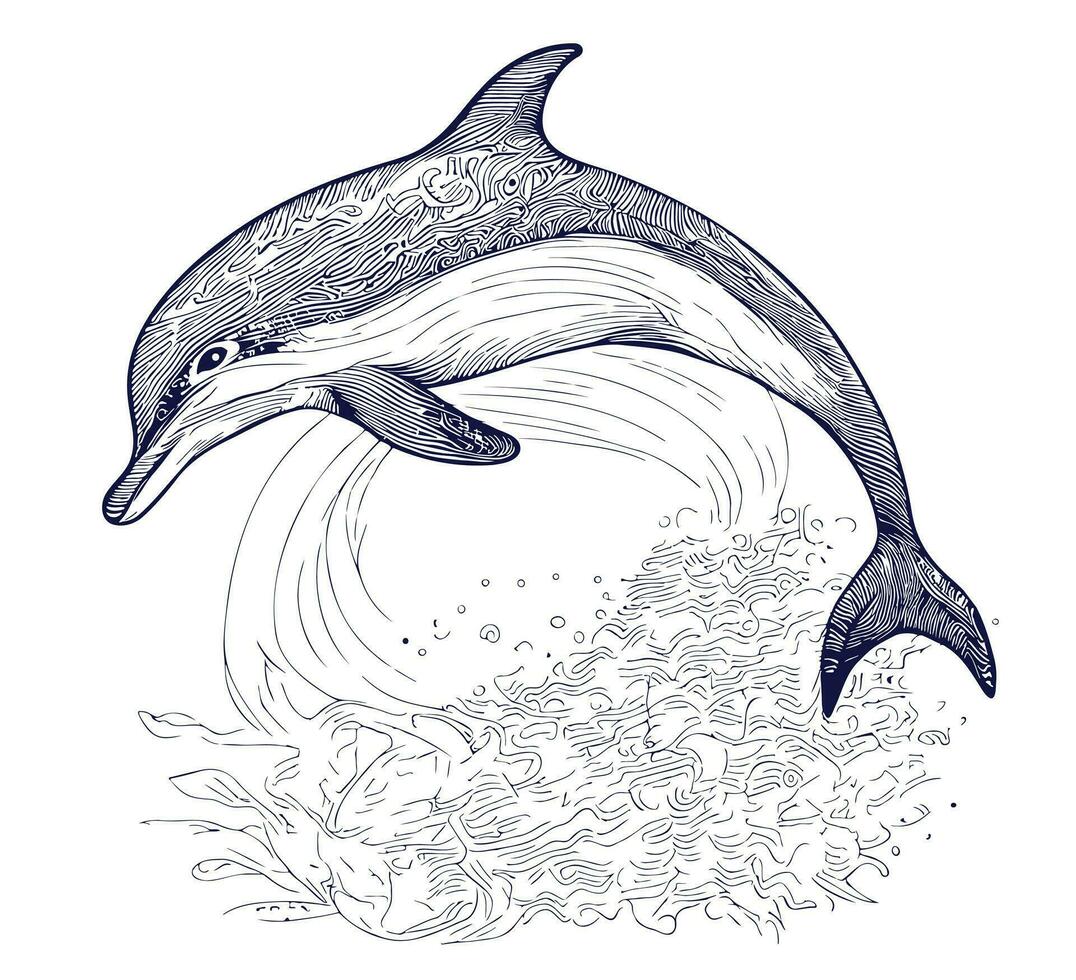 Sketch of a dolphin on the waves, hand drawn in doodle style Vector illustration