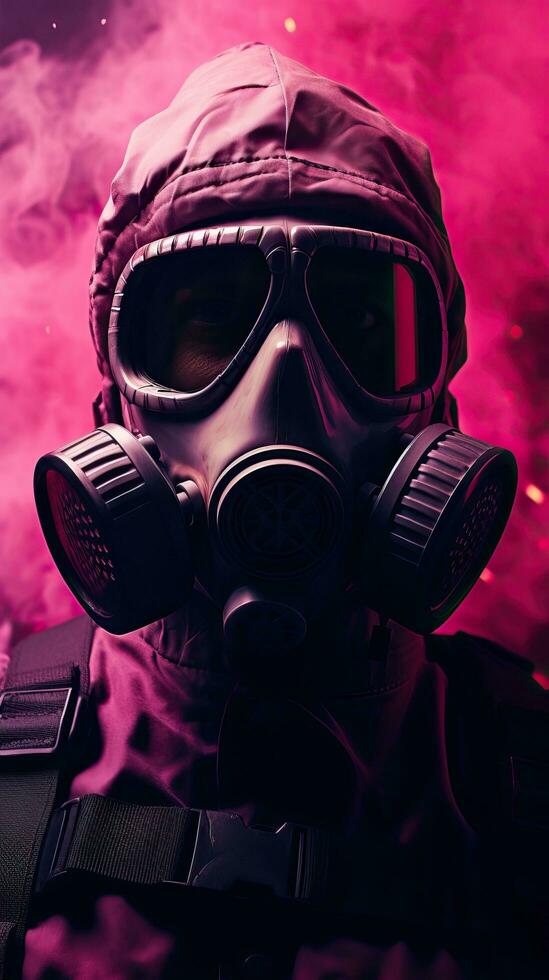 cyberpunk personaje vistiendo gas máscara con rosado tema. generativo ai foto