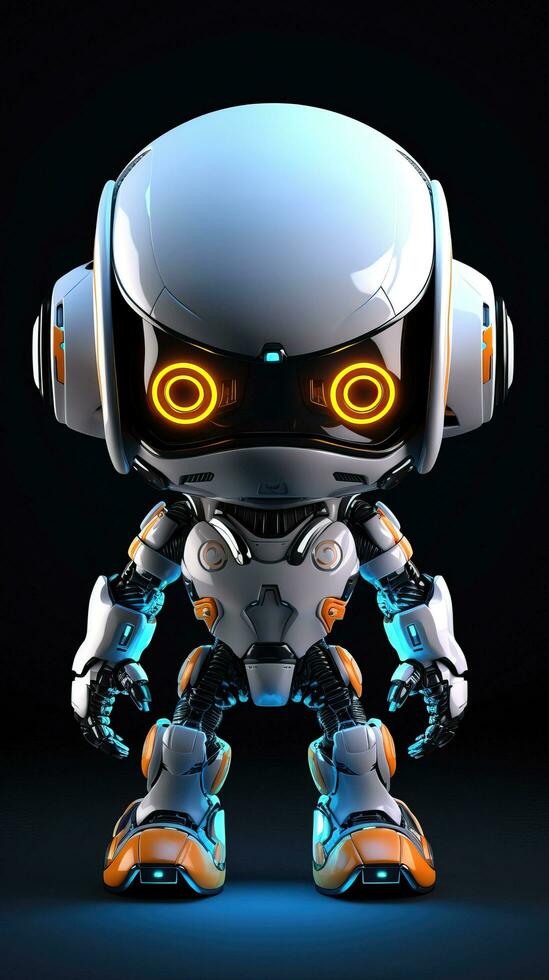 Cute futuristic small white robot with dark background. Generative AI photo