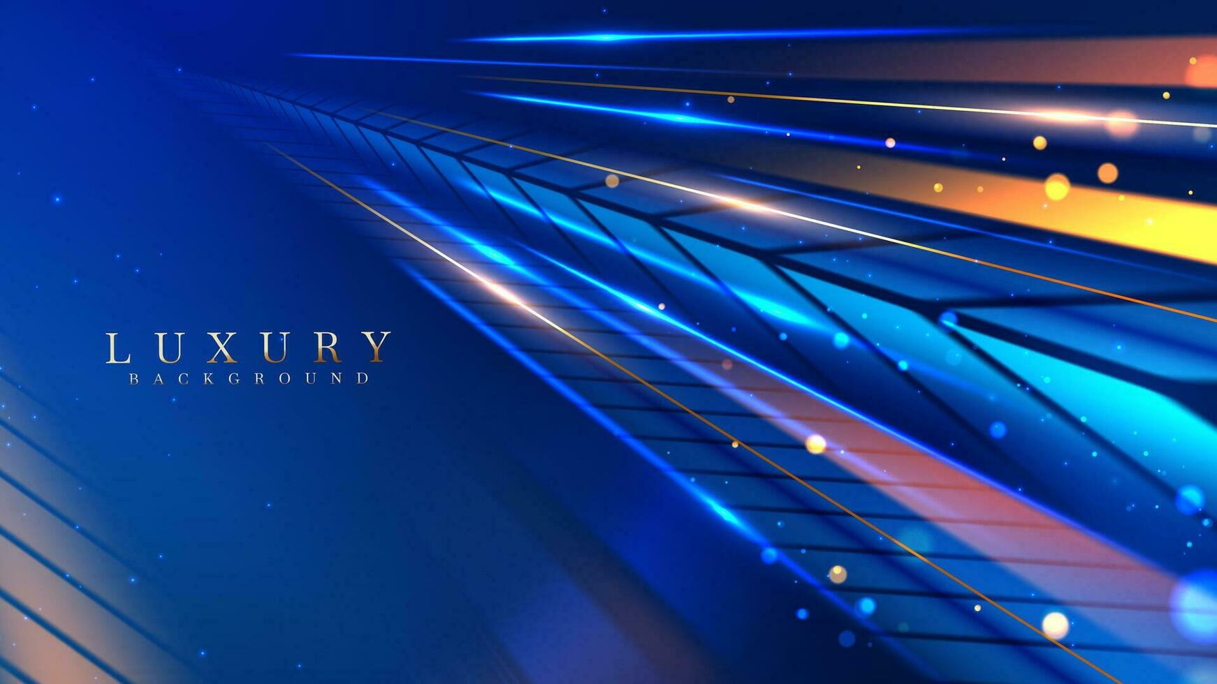 Blue luxury background with golden line decoration and curve light effect with bokeh elements. Modern art elegant dark scene. vector