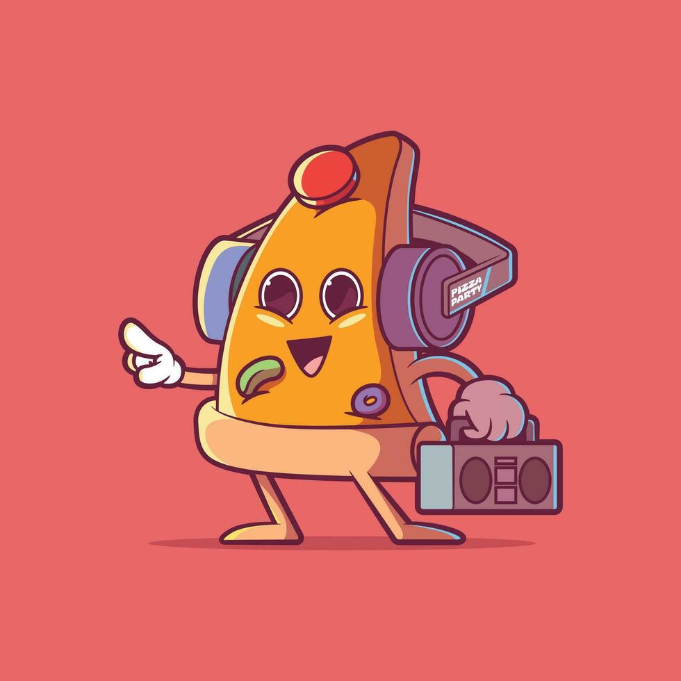 Pizza rebanada personaje con auriculares y un boombox vector ilustración. rápido alimento, fiesta diseño concepto.