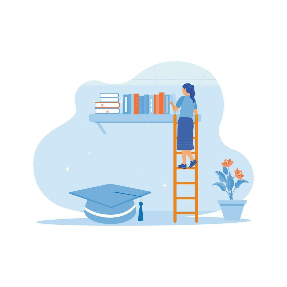 The teenage girl climbs onto a bookshelf to get a book inside the house. A concept of the educational process. Education concept. trend modern vector flat illustration