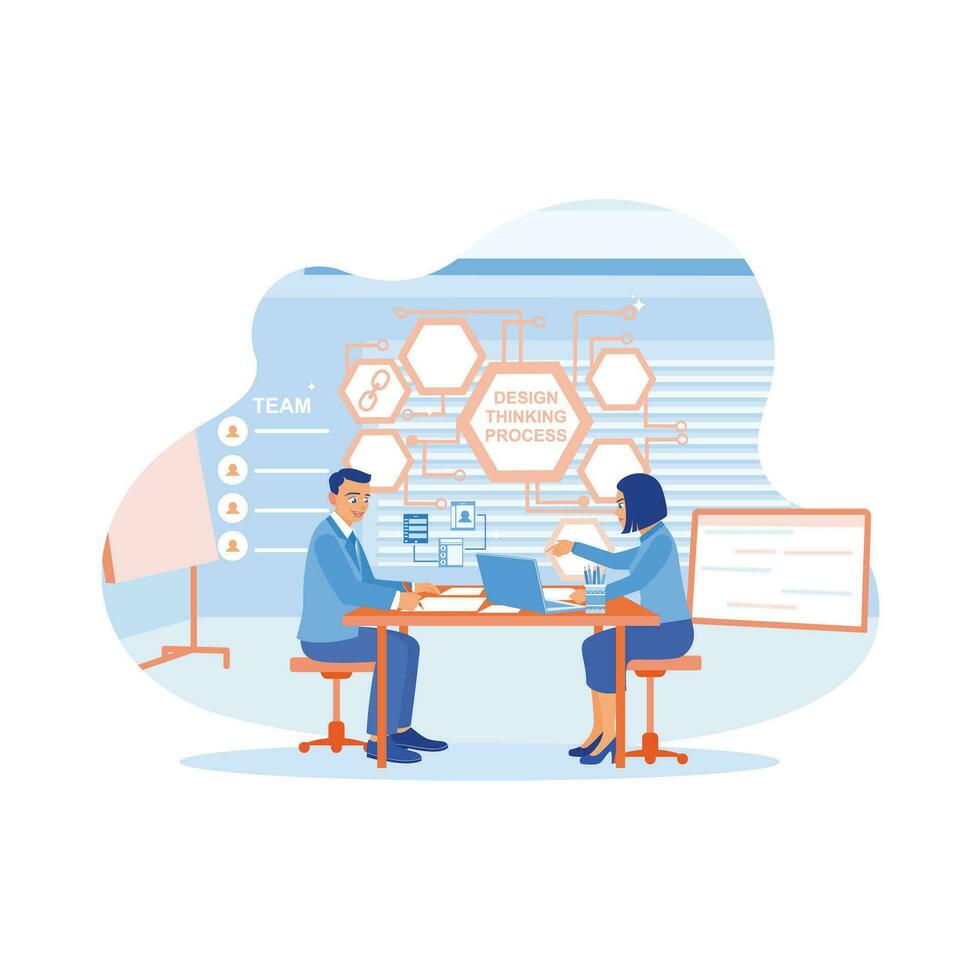 Close-up UX developer and UI designer exchanging mobile app interface wireframe design ideas at a desk in a modern office. Creative digital development agency. Digital business concept. vector