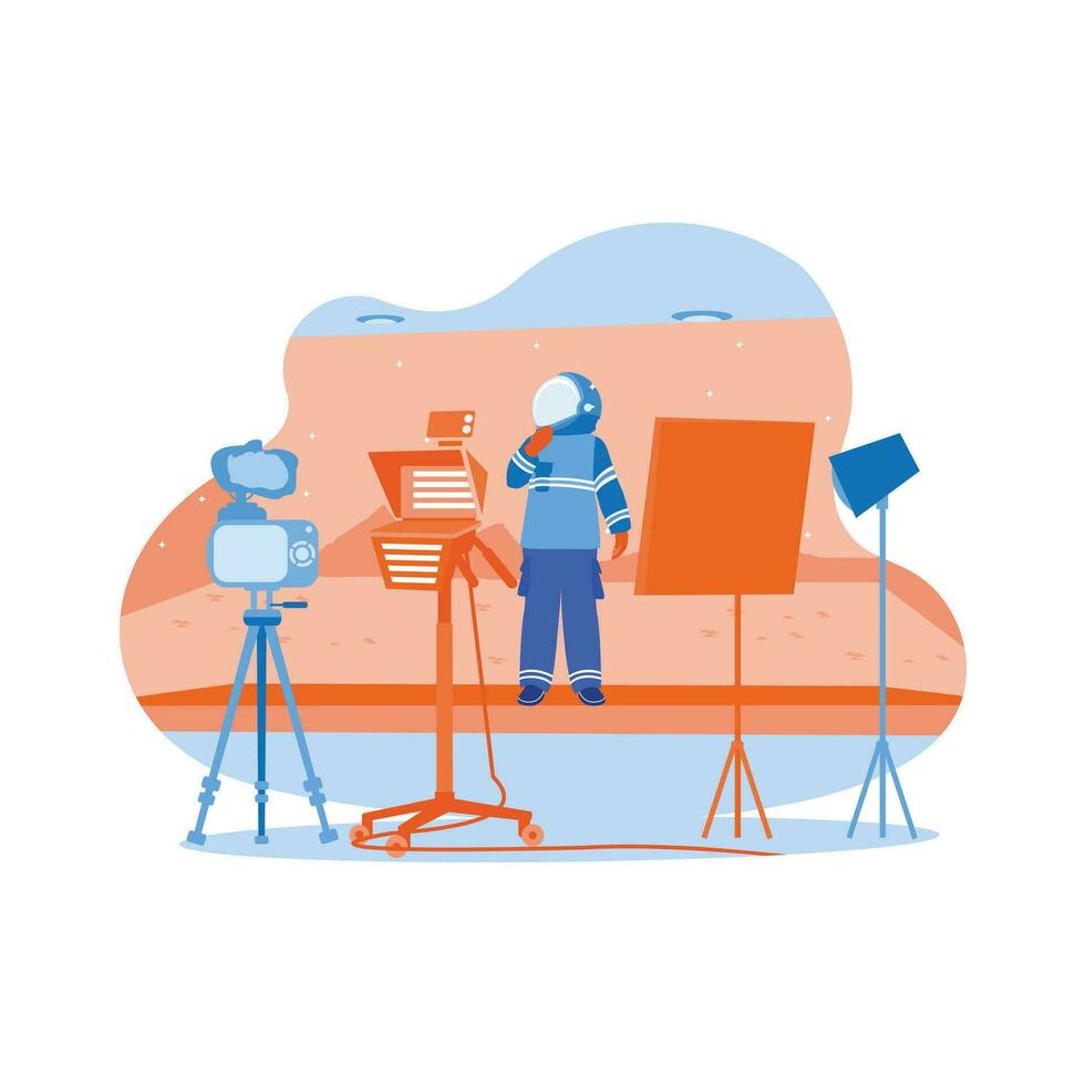 Behind-the-scenes shots of a virtual production stage with a large LED screen, the cinematographer shoots the Mars scene. Filmmaking process. Video Editor concept. vector